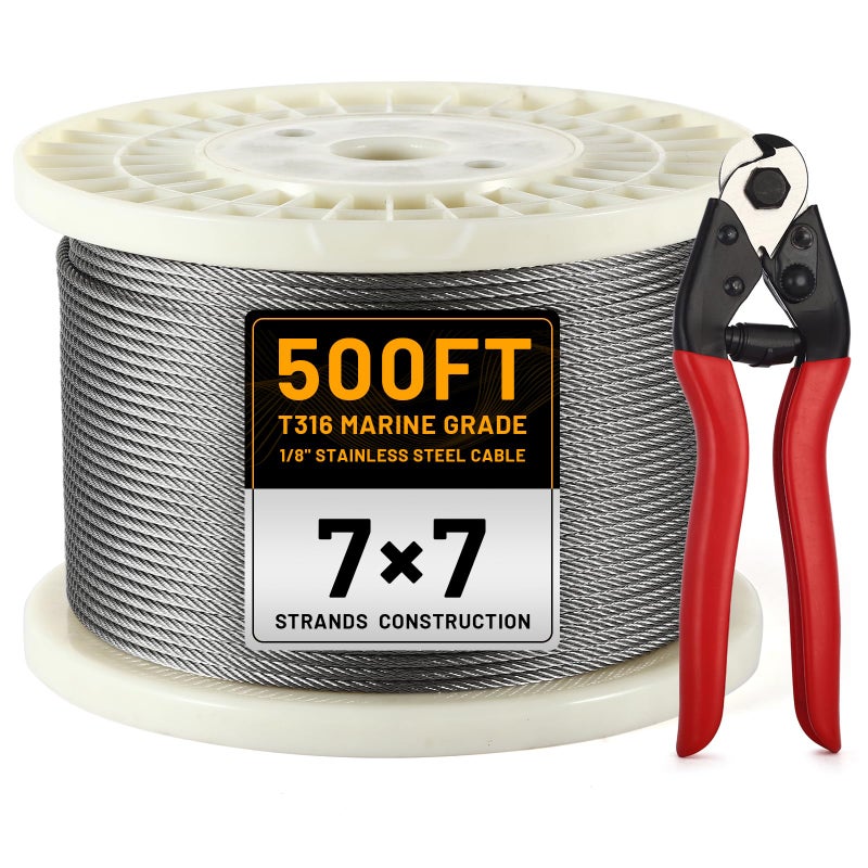 AHEONLAR 500FT 1/8"" Stainless Steel Wire Rope with Cutter  T316 Cable for Deck Railing Kit  1850 lb Breaking Strength  7x7 Strands Aircraft Cable for Stair Fence  Silver - Image 1